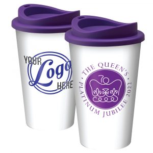 Universal Travel Cup in white with a purple lid. Printed purple with Platinum Jubilee Commemorative logo. Your logo can be printed on the reverse.