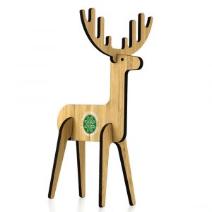 Quirky self-assemble 5mm thick caramel finish bamboo freestanding reindeer. Supplied in eco plastic free packaging. Printed personalisation & logo.