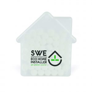 Plastic house shaped mint card with approx. 50 sugar free European mints (approx. 8g).