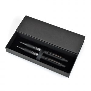 A Travis Noir Soft-feel ball pen and pencil supplied in card Austin Gift Box. Price shown is for both writing instruments engraved to show mirror-chrome (same design/colour on each writing instrument)
