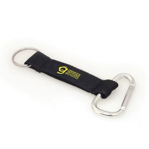 Polyester strap with carabiner and split ring. A different robust keyring, great for outdoors.