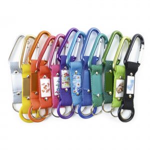 Polyester strap with carabiner and split ring. A different robust keyring, great for outdoors.