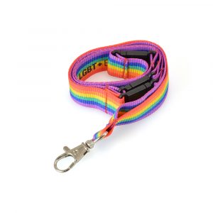 Polyester rainbow lanyard with trigger clip and 3 safety breaks.