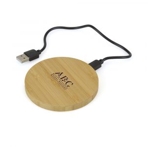 Round magnetic wireless bamboo charger with USB cable and light up logo