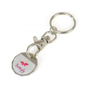 Eliminate the stress of shopping with this hassle free trolley coin keyring. Nickel plated with standard hook and split ring attachment.