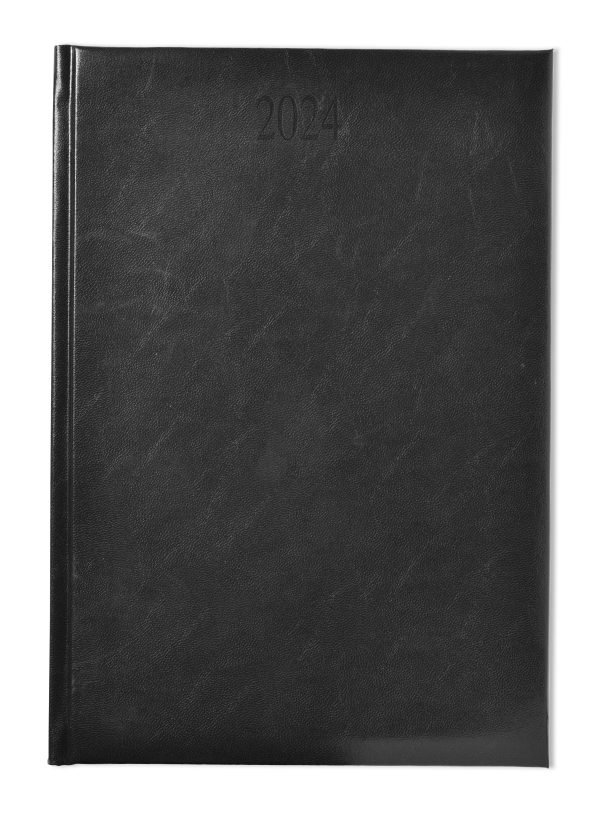 FineGrain branded 2024 diary in black. White FSC paper, year date blind embossed.