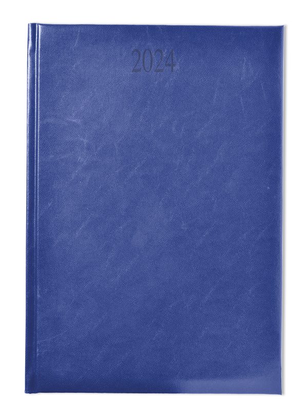 FineGrain branded 2024 diary in blue. White FSC paper, year date blind embossed.