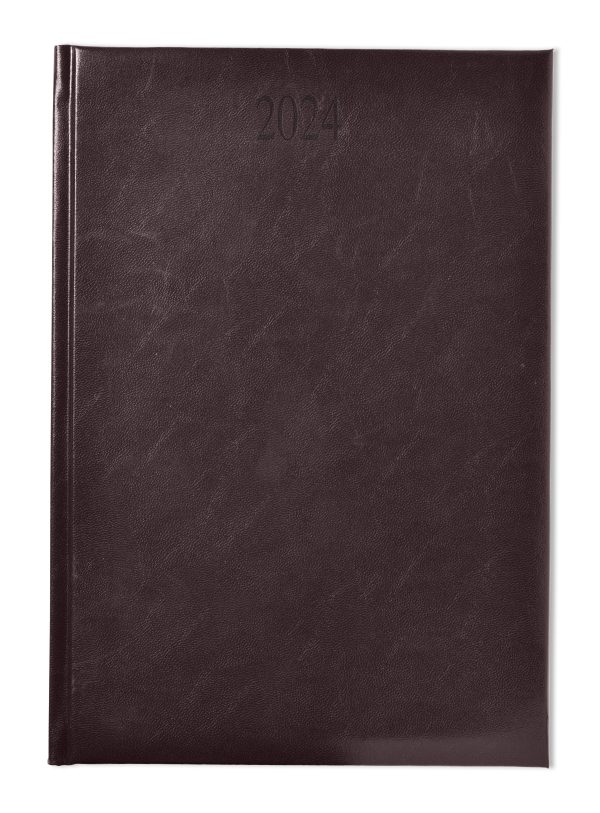 FineGrain branded 2024 diary in burgundy. White FSC paper, year date blind embossed.