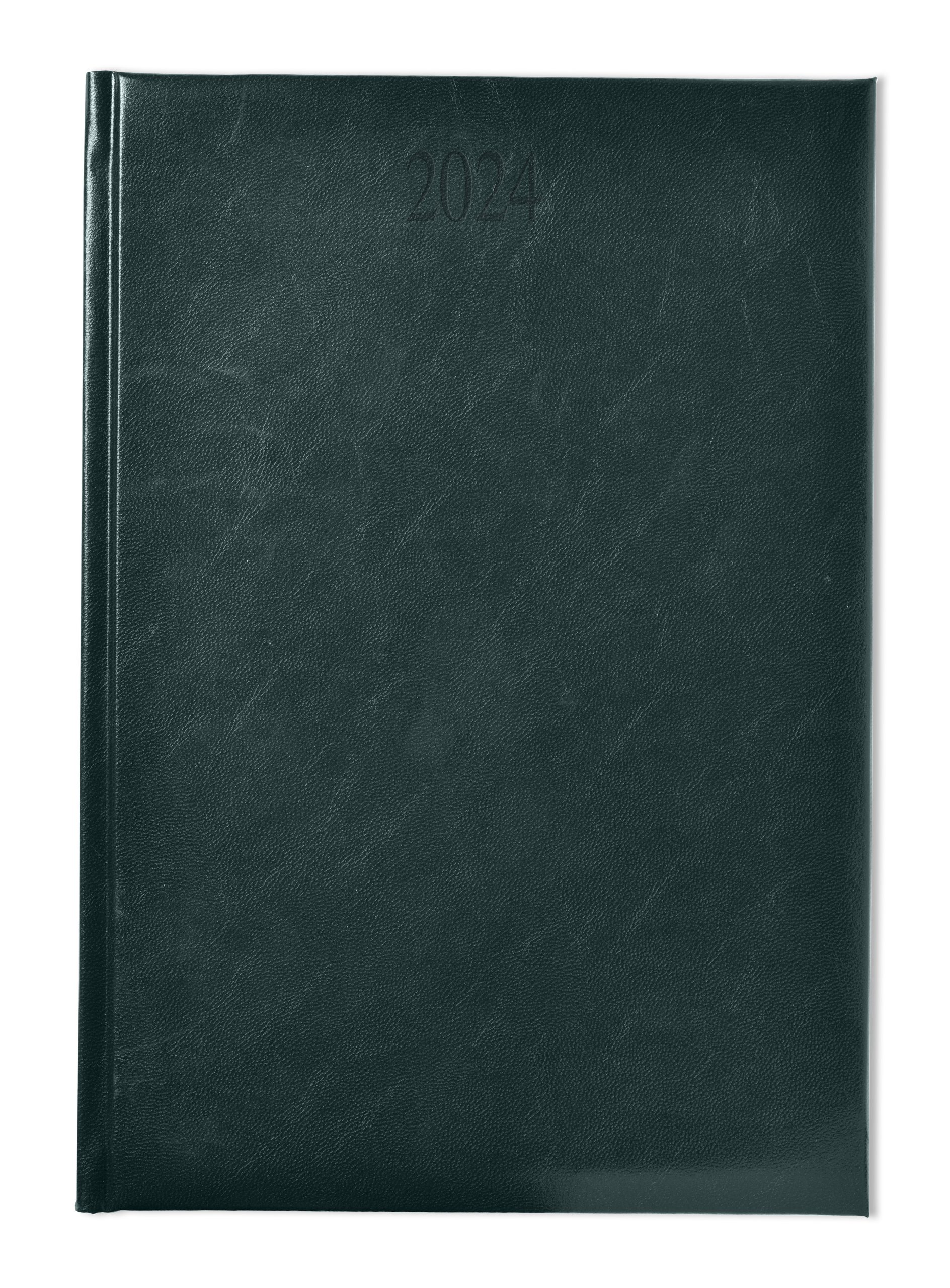 FineGrain branded 2024 diary in green. White FSC paper, year date blind embossed.