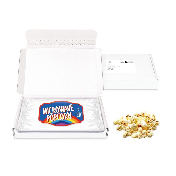 Gift Boxes – Mini White Postal Box - Microwave Popcorn - PAPER LABEL