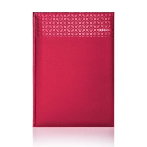 A4 Daily Matra Diary in red with silver foil blocked date and white pages.