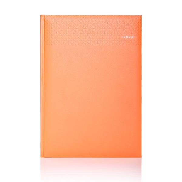 A4 Daily Matra Diary in orange with silver foil blocked date and white pages.