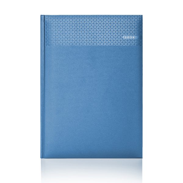 A4 Daily Matra Diary in sky bllue with silver foil blocked date and white pages.