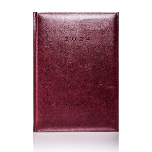 Colombia A4 Daily Diary in burgundy with and embossed date and white pages.