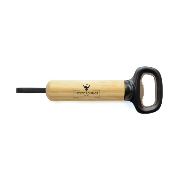 This eco-friendly bottle opener is made from recycled ABS plastic with a bamboo handle for a comfortable grip and silicone carrying loop. Colour can vary due to it being a natural product.