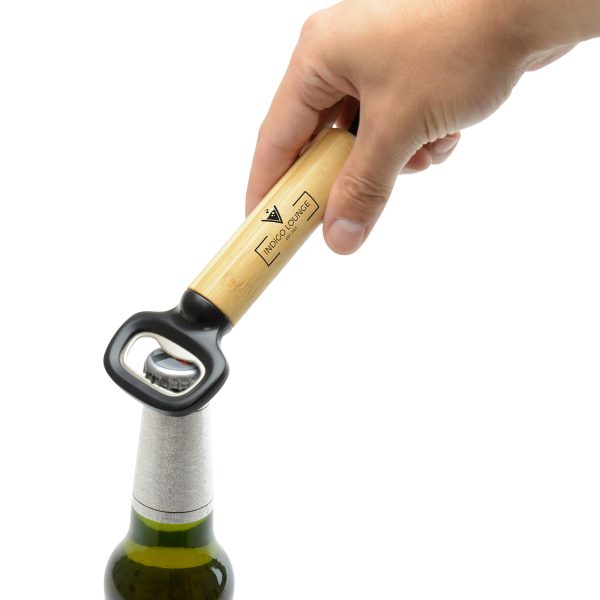 This eco-friendly bottle opener is made from recycled ABS plastic with a bamboo handle for a comfortable grip and silicone carrying loop. Colour can vary due to it being a natural product.