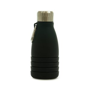 550ml black silicone drinks bottle which collapses down to travel-size and comes with an aluminium carabiner to attach to your bag or belt loop. Secure with a silver stainless steel screw on lid with black PP plastic inner.