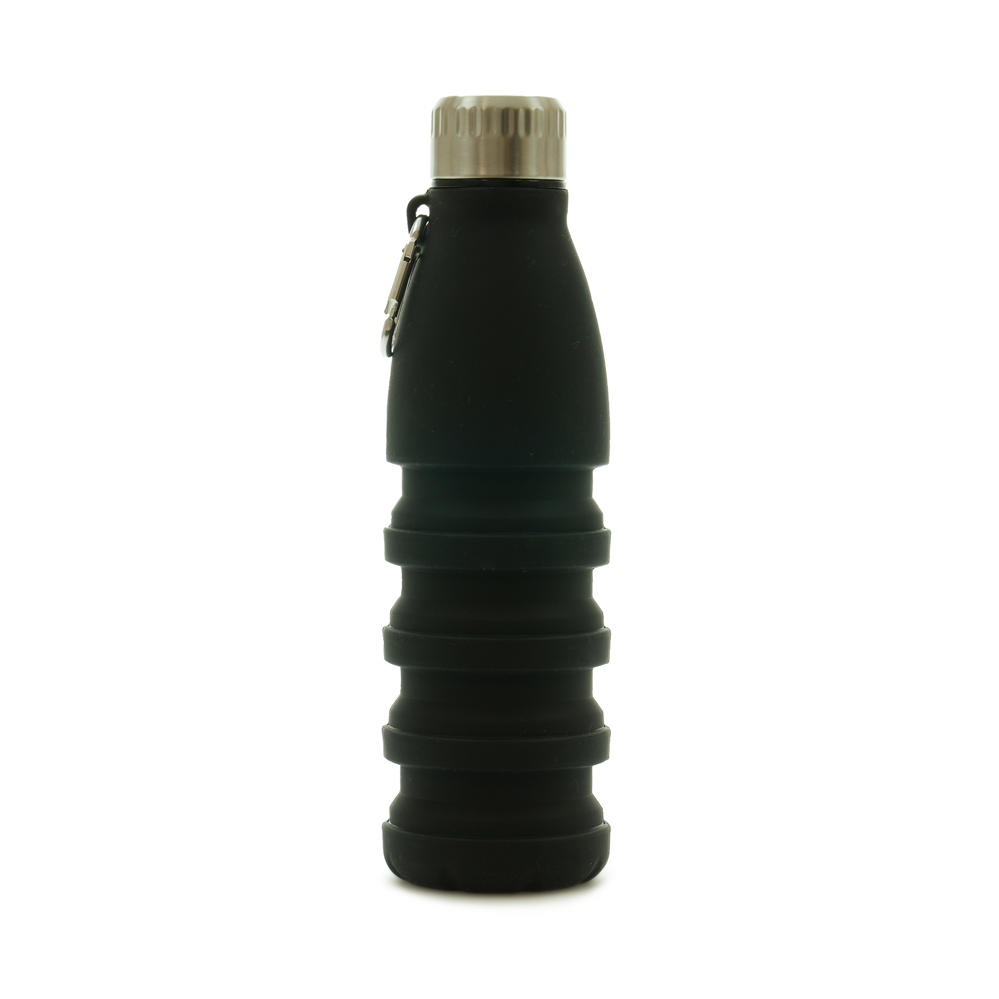 550ml black silicone drinks bottle which collapses down to travel-size and comes with an aluminium carabiner to attach to your bag or belt loop. Secure with a silver stainless steel screw on lid with black PP plastic inner.