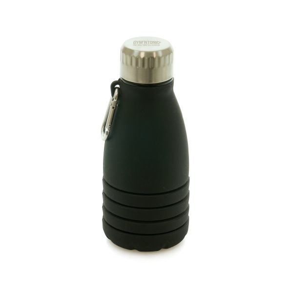 550ml black silicone drinks bottle which collapses down to travel-size and comes with an aluminium carabiner to attach to your bag or belt loop. Secure with a silver stainless steel screw on lid with black PP plastic inner.