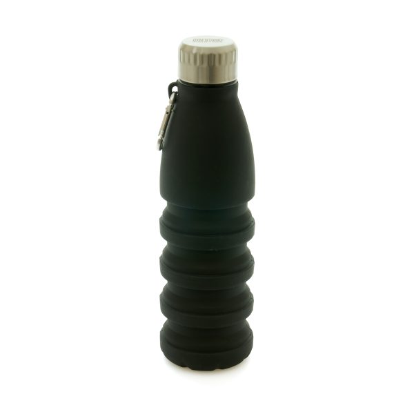 550ml black silicone drinks bottle which collapses down to travel-size and comes with an aluminium carabiner to attach to your bag or belt loop. Secure with a silver stainless steel screw on lid with black PP plastic inner.