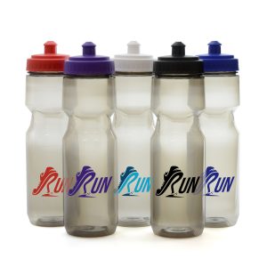 750ml single walled recycled PET plastic sports bottle with a smoked black finish and a coloured plastic push/pull screw top lid. Lid contains PP, LDPE and a silicone seal. BPA and PVC free.