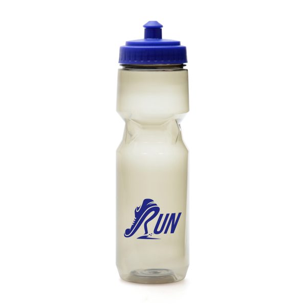 750ml single walled recycled PET plastic sports bottle with a smoked black finish and a coloured plastic push/pull screw top lid. Lid contains PP, LDPE and a silicone seal. BPA and PVC free.