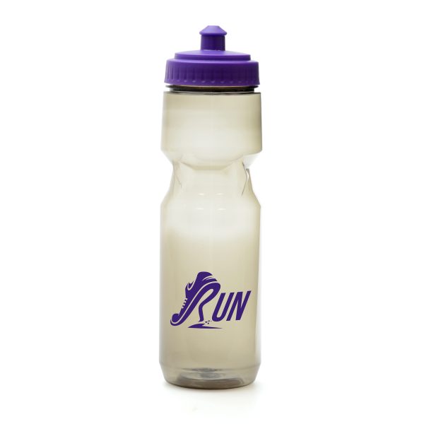 750ml single walled recycled PET plastic sports bottle with a smoked black finish and a coloured plastic push/pull screw top lid. Lid contains PP, LDPE and a silicone seal. BPA and PVC free.