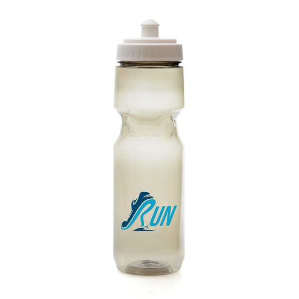 750ml single walled recycled PET plastic sports bottle with a smoked black finish and a coloured plastic push/pull screw top lid. Lid contains PP, LDPE and a silicone seal. BPA and PVC free.