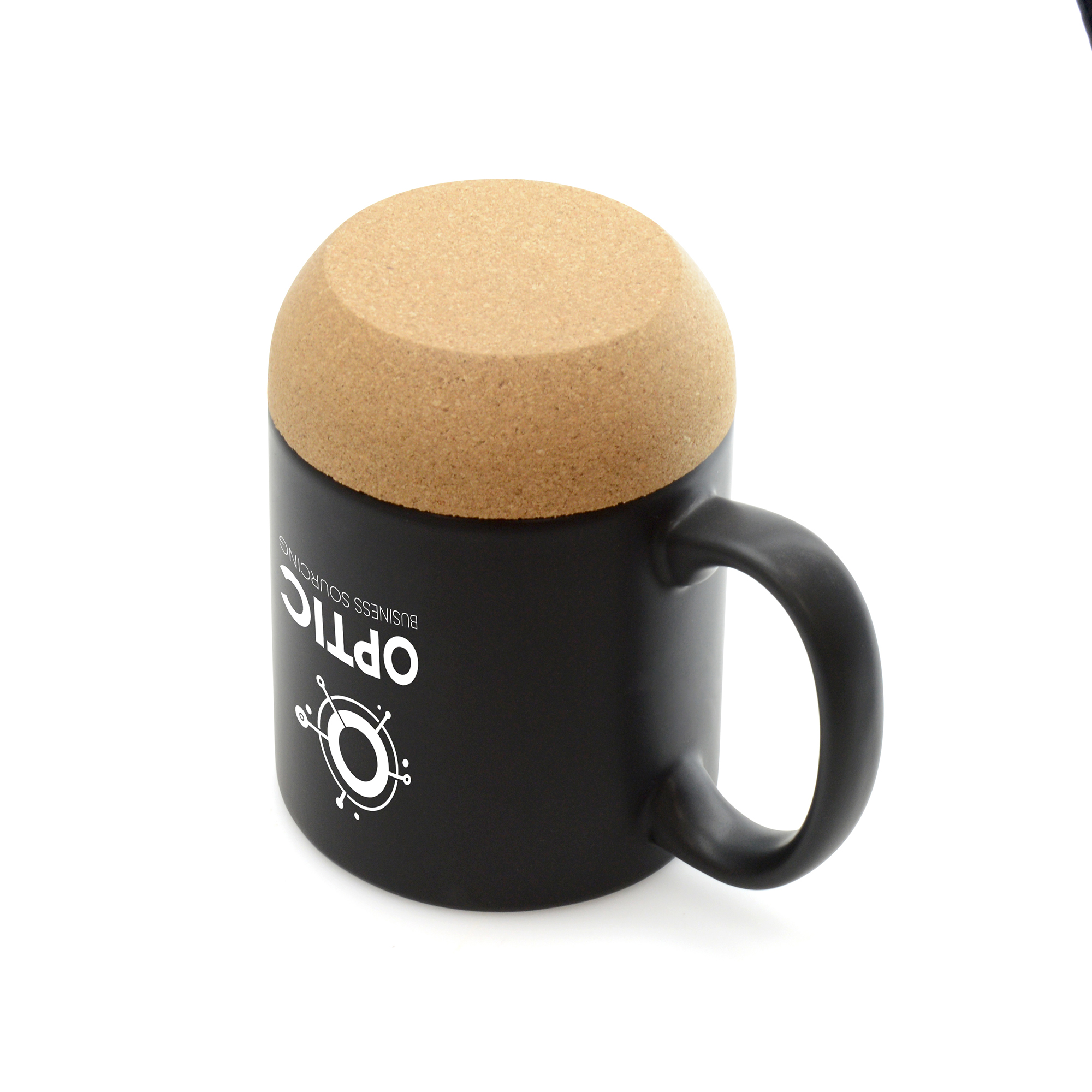 400ml matt black ceramic travel mug with a naturally insulating cork base, large handle, push-on PP lid with sliding sipper and silicone seal. BPA & PVC free.