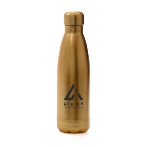 500ml double walled stainless steel drinks bottle with a brushed matt gold finish, screw on lid with PP plastic inner and silicone seal. BPA & PVC free.