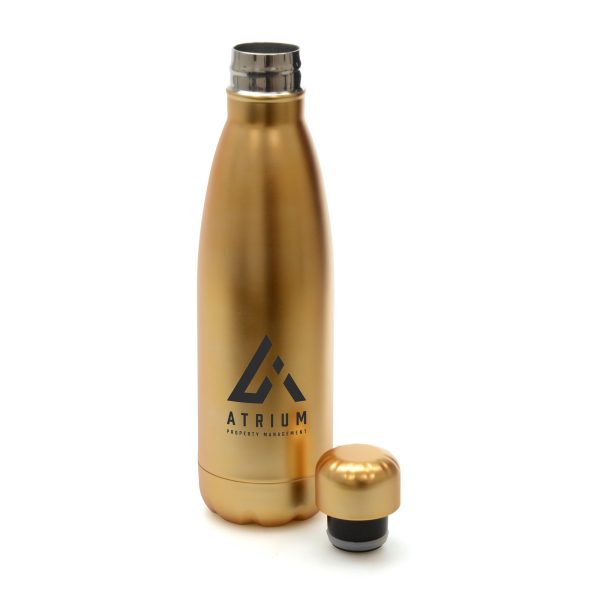 500ml double walled stainless steel drinks bottle with a brushed matt gold finish, screw on lid with PP plastic inner and silicone seal. BPA & PVC free.