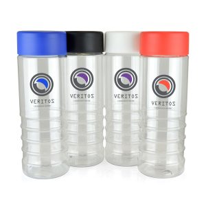 750ml single walled transparent PET plastic drinks bottle with coloured PP plastic screw on lid. The bottom half of the bottle is ridged for ease of grip and added style. BPA & PVC free.