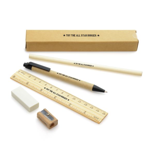 5 piece eco stationery set housed in a 200gsm recycled paper box including a 15cm (6in) poplar wooden ruler, recycled paper and PLA plastic ball pen, wooden pencil, white eraser and wooden sharpener. Available with black trim and natural box. Colour can vary due to it being a natural product.