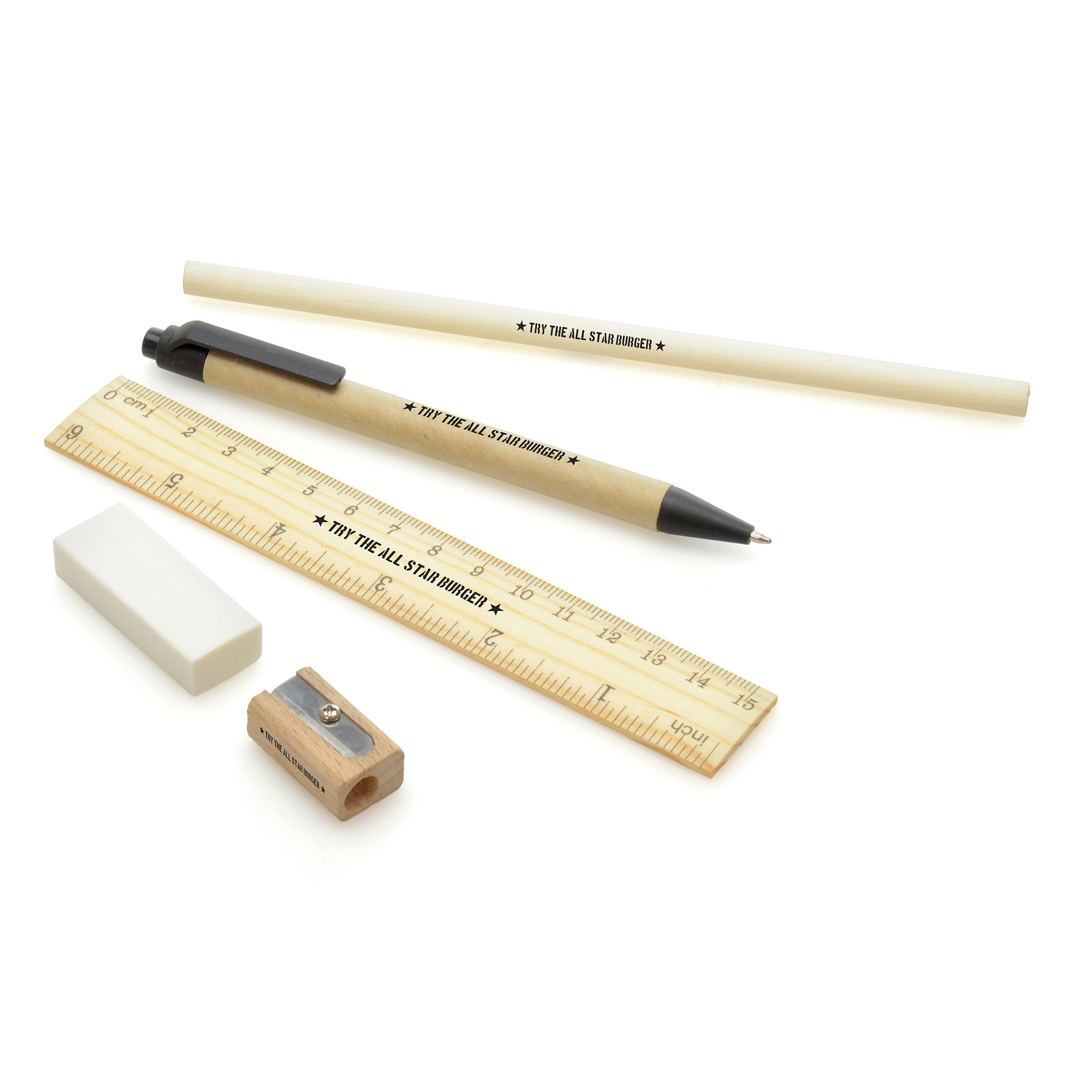 5 piece eco stationery set housed in a 200gsm recycled paper box including a 15cm (6in) poplar wooden ruler, recycled paper and PLA plastic ball pen, wooden pencil, white eraser and wooden sharpener. Available with black trim and natural box. Colour can vary due to it being a natural product.