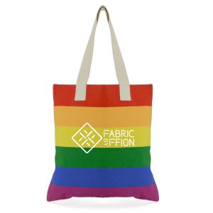 Rainbow striped 10oz canvas shopper with natural, long, cotton webbing handles.