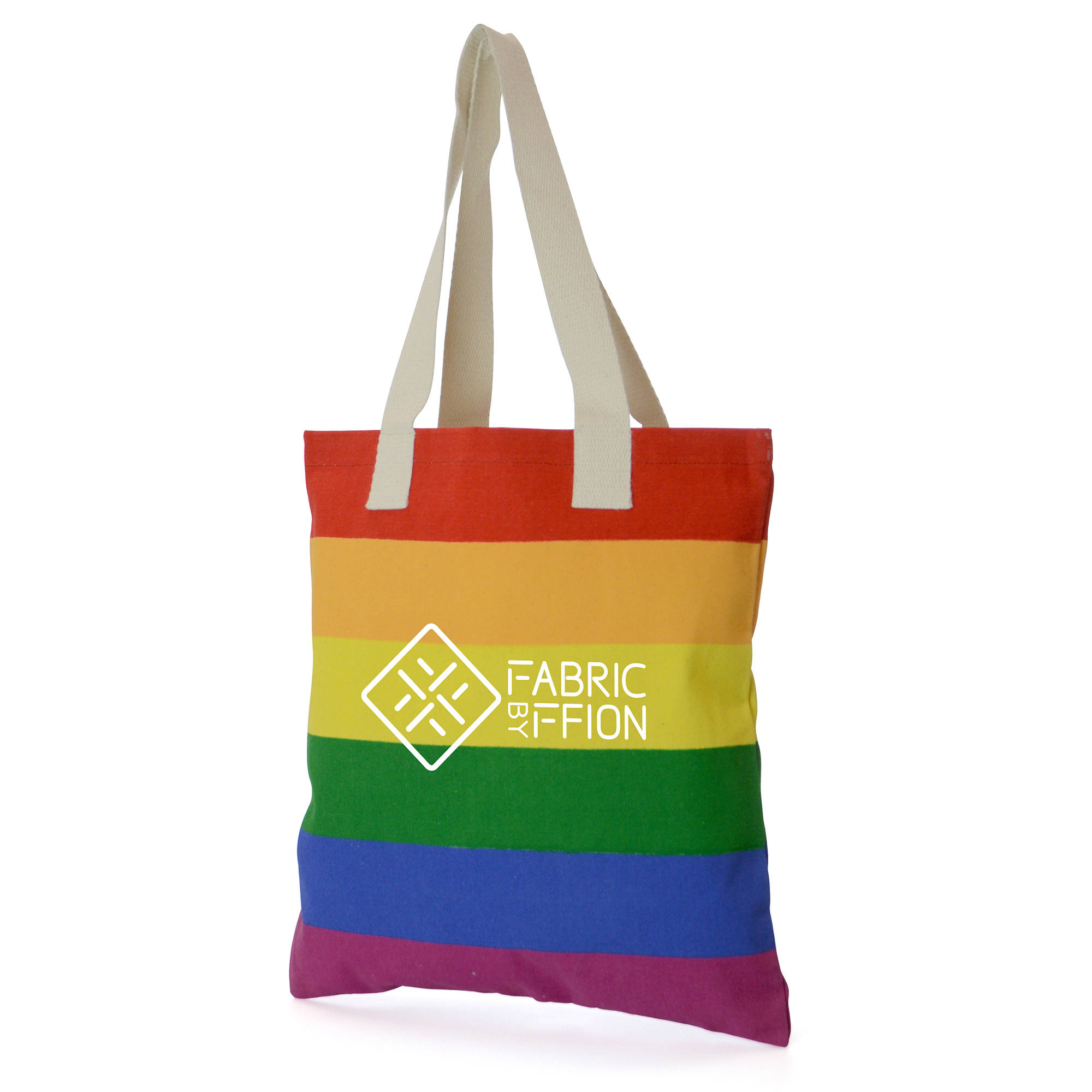 Rainbow striped 10oz canvas shopper with natural, long, cotton webbing handles.