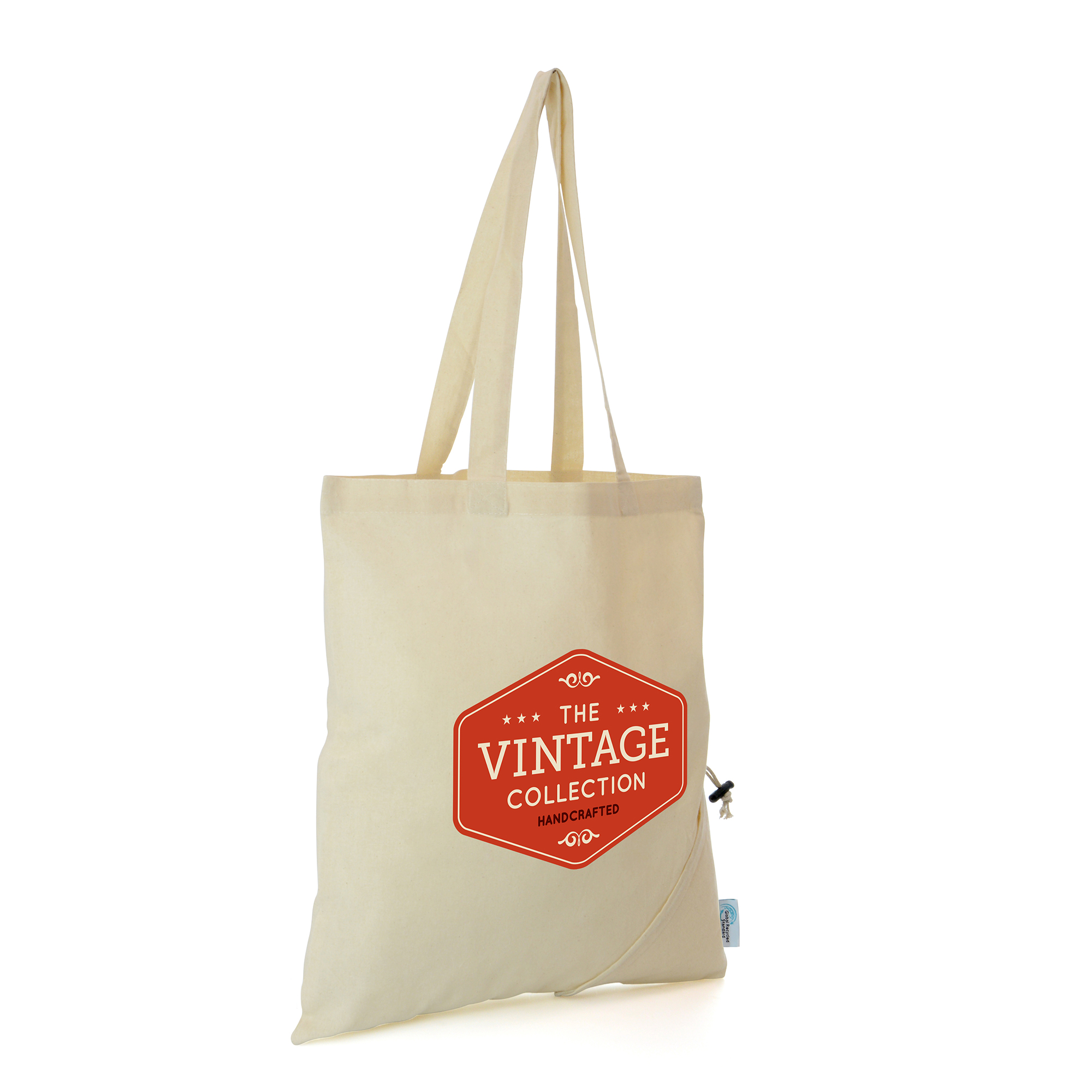 GRS certified 4oz 50% recycled cotton foldable shopper with a large branding area for your company logo.