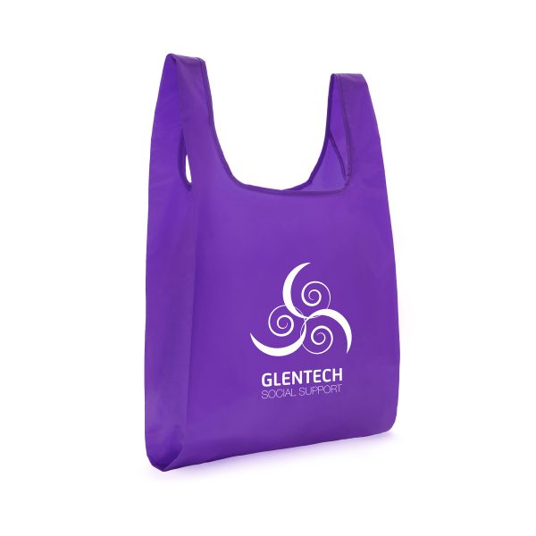 Made from 100% recycled plastic, this large RPET shopper folds away into a pouch in the inside of the bag