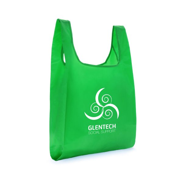 Made from 100% recycled plastic, this large RPET shopper folds away into a pouch in the inside of the bag