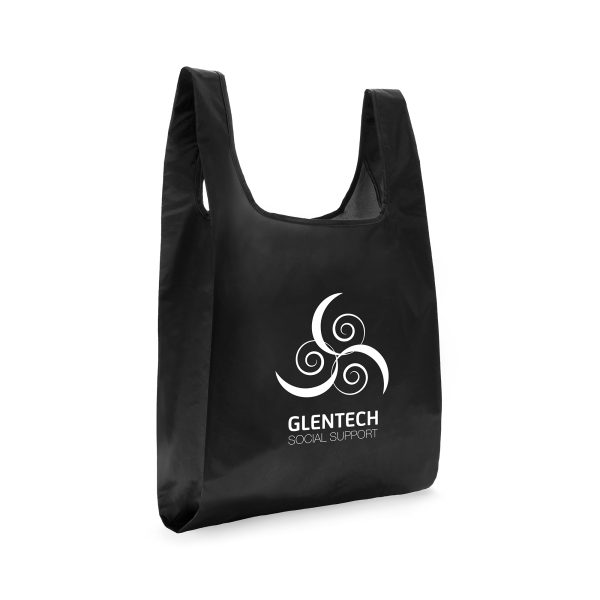 Made from 100% recycled plastic, this large RPET shopper folds away into a pouch in the inside of the bag