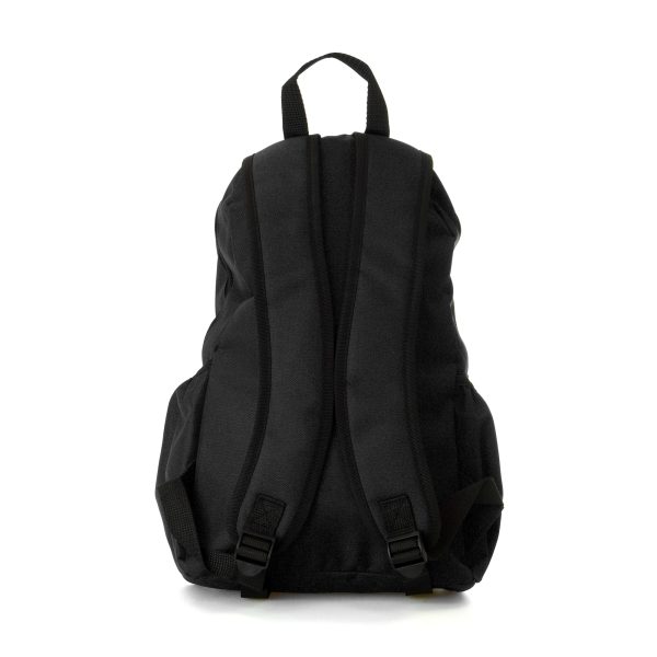 600D RPET backpack with front zipper pocket, two side pockets and padded and curved adjustable shoulder straps.