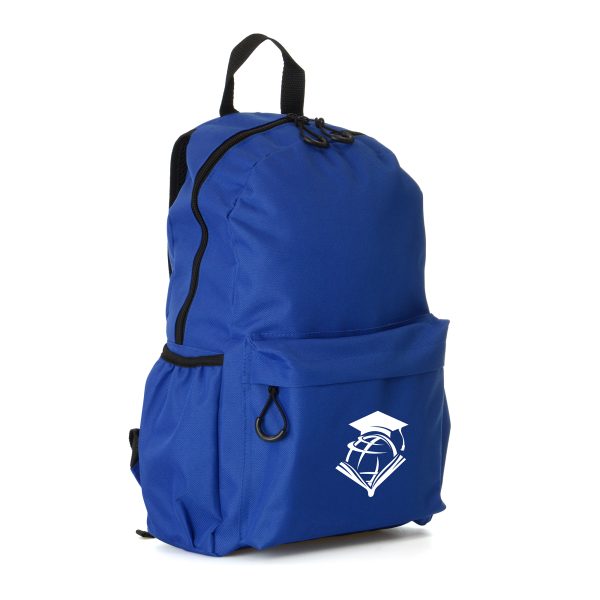 600D RPET backpack with front zipper pocket, two side pockets and padded and curved adjustable shoulder straps.