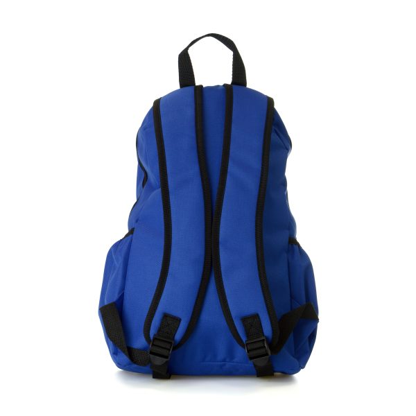 600D RPET backpack with front zipper pocket, two side pockets and padded and curved adjustable shoulder straps.