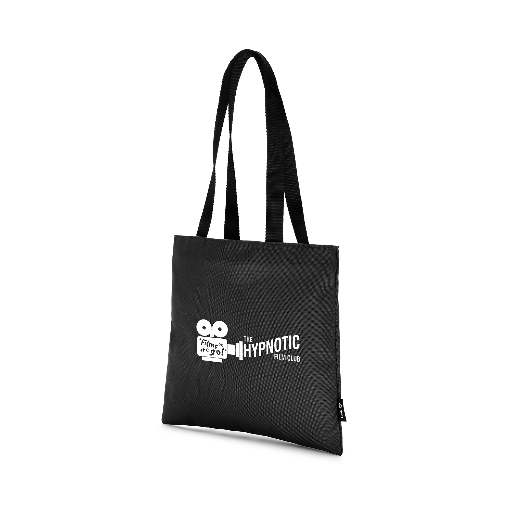 Recycled 600D RPET shopper bag with strong polyester webbed handles and a small inner side pocket with 2 compartments.