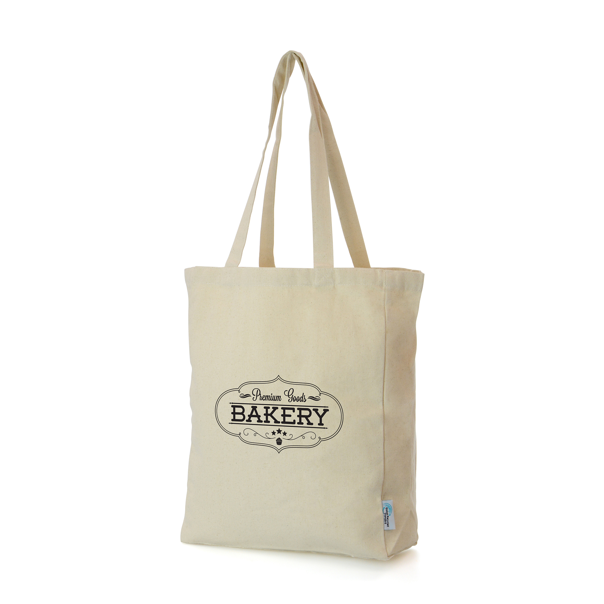 10oz 50% recycled cotton shopper with long handles and a gusset. Global Recycled Standard (GRS) certified cotton is a great option if you are looking for an environmentally friendly promo bag.