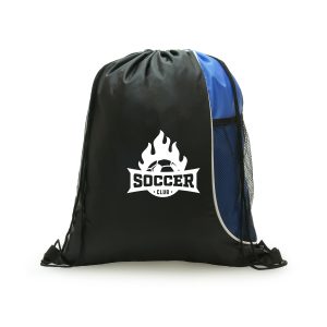 Recycled plastic black 210D RPET drawstring bag with a coloured side panel and polyester mesh bottle pocket.