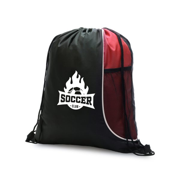 Recycled plastic black 210D RPET drawstring bag with a coloured side panel and polyester mesh bottle pocket.