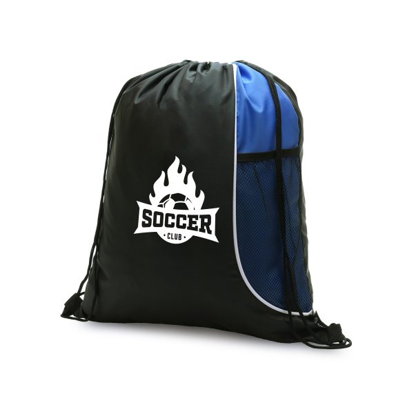 Recycled plastic black 210D RPET drawstring bag with a coloured side panel and polyester mesh bottle pocket.