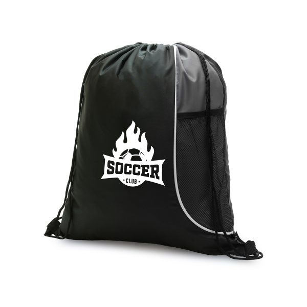 Recycled plastic black 210D RPET drawstring bag with a coloured side panel and polyester mesh bottle pocket.