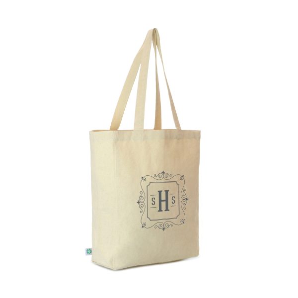 10oz certified organic cotton shopper with long handles, gusset and large branding area.